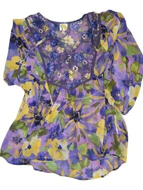 ​✨ Fig & Flower by Anthropologie Boho Mixed Floral Sheer V-Neck Blouse ✨ SIZE L